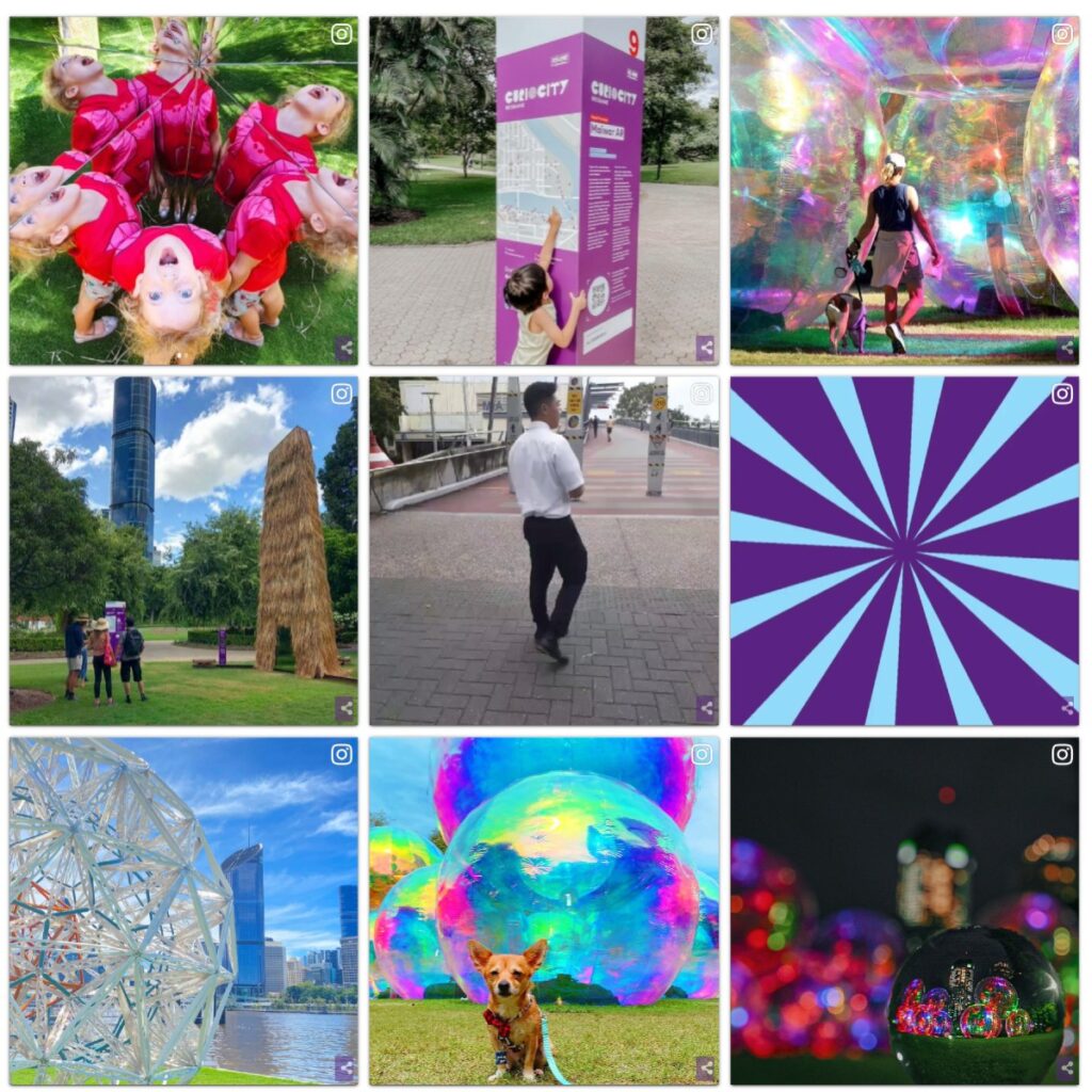 A screenshot of Curiocity Brisbane's Instagram feed. Nine images highlight attendees, kids, or dogs surrounded by creative outdoor activations like giant holographic bubbles.
