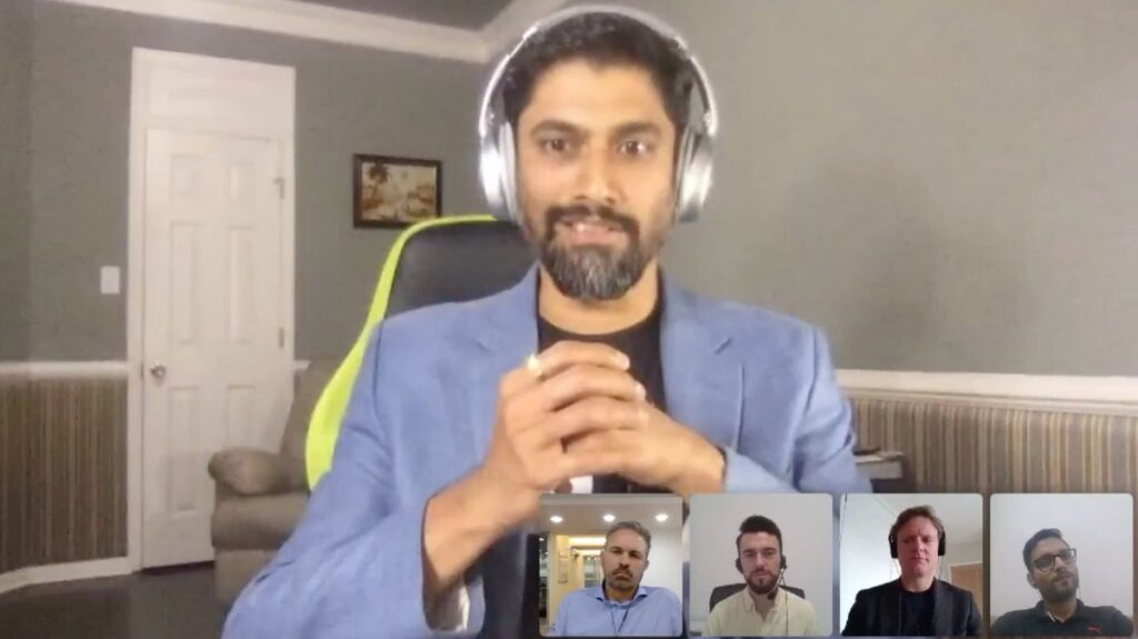 A screenshot of TrueLoyal's CEO, Sameer Kamat, speaking on Zoom with four other men, who appear on the bottom right-hand corner of the screenshot.