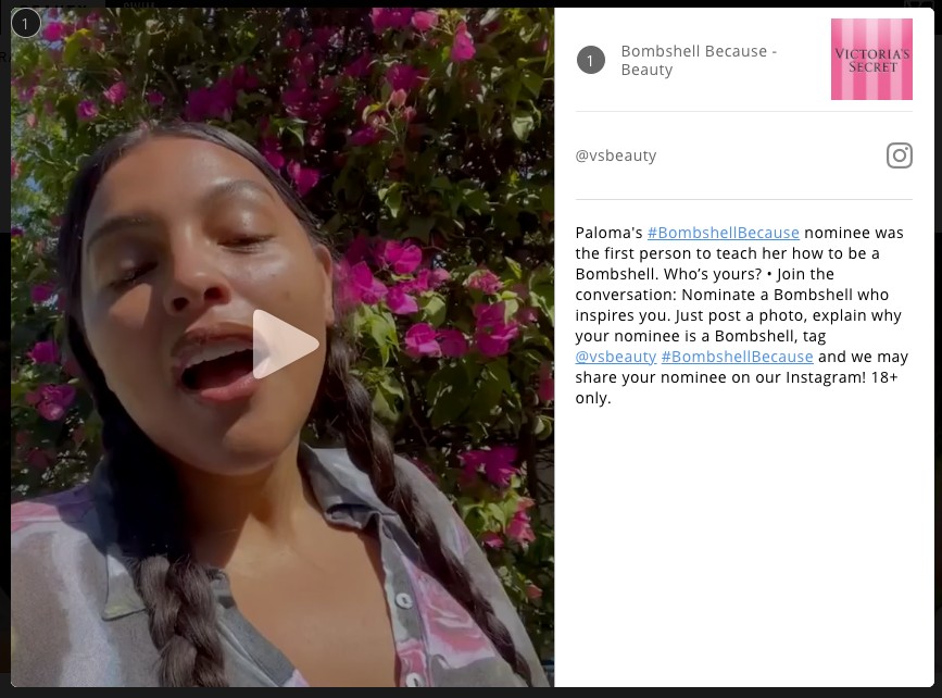 A screenshot of Victoria's Secret shoppable UGC gallery featuring a #BecauseBombshell nomination. Repurposed from Instagram.