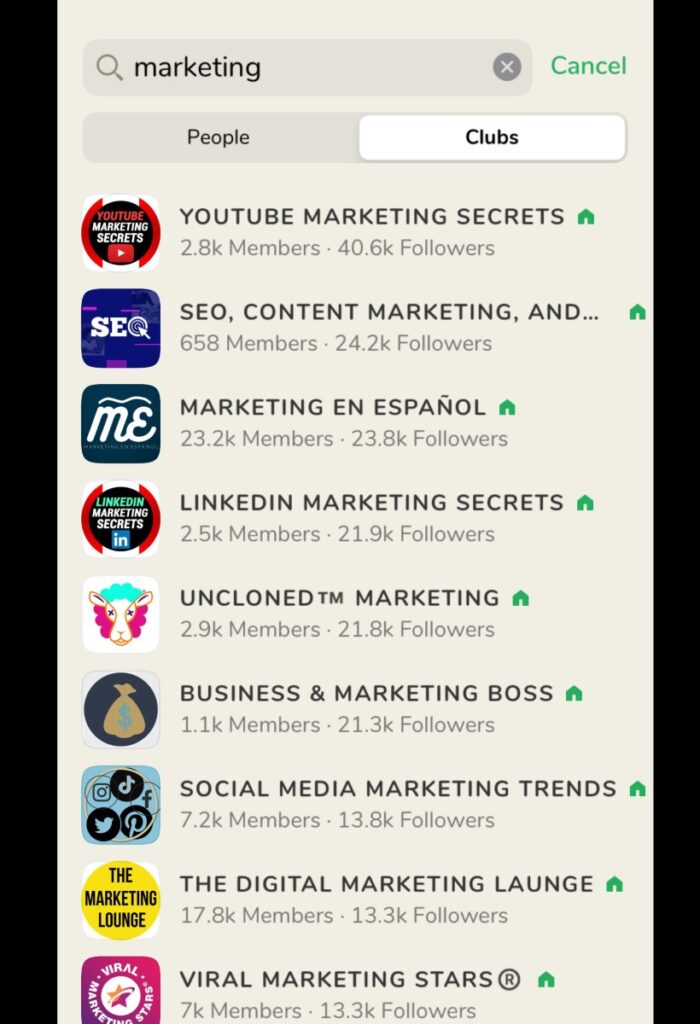 A screenshot of a Clubhouse search for "marketing" clubs. Nine clubs are seen in the image. 