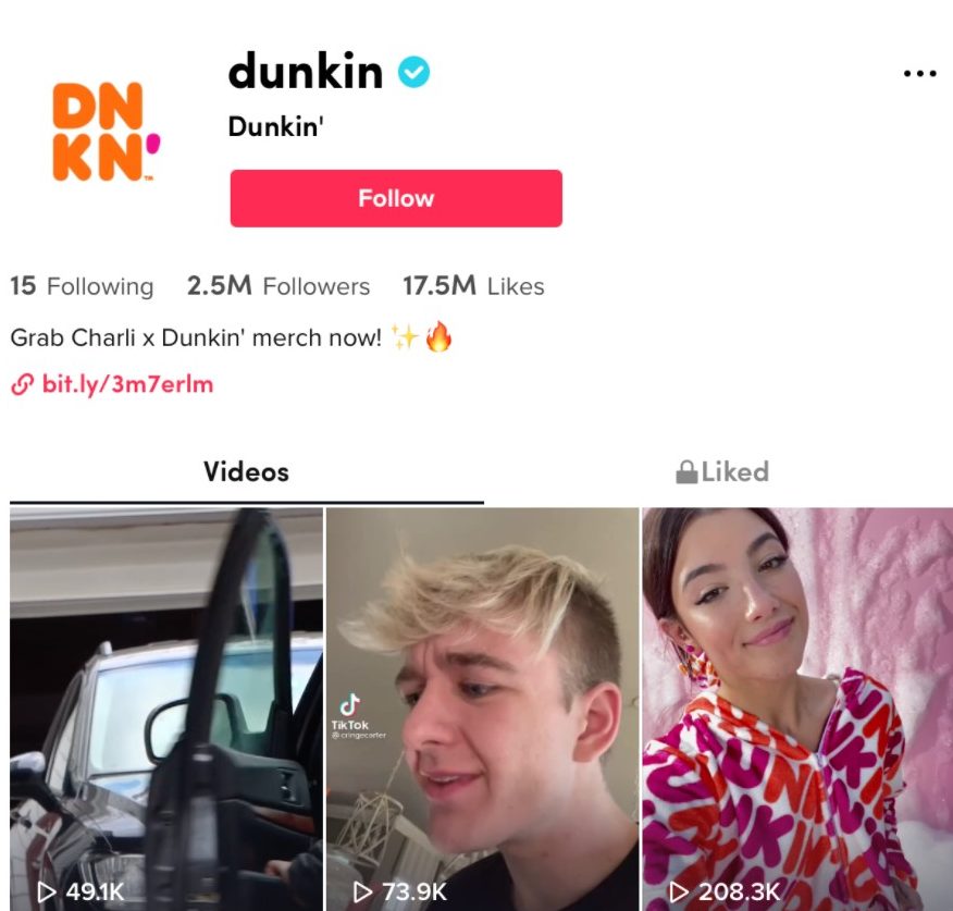 A screenshot of Dunkin's TikTok ft. Charli x Dunkin' merch on their bio. 