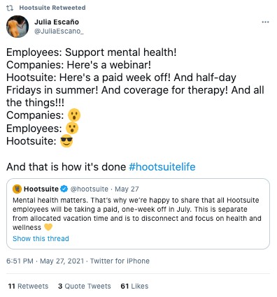 EGC of a Hootsuite employee responding to Hootsuite's tweet about paid time off 