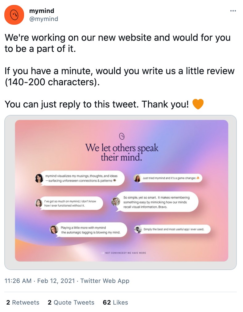 A screenshot of a tweet by MyMind asking their audience to submit a review via tweet 