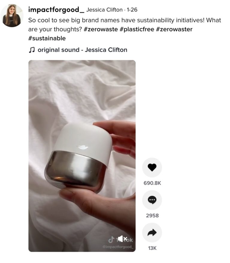 A screenshot of a video testimonial by a TikTok user (@impactforgood_) featuring Dove's latest refillable deodorant.