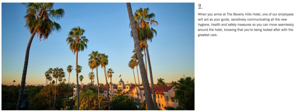 An image of palm trees on the left. On the right, it says "When you arrive at The Beverly Hills Hotel, one of our employees will act as your guide, sensitively communicating all the new hygiene, health and safety measures so you can move seamlessly around the hotel, knowing that you're being looked after with the greatest care."