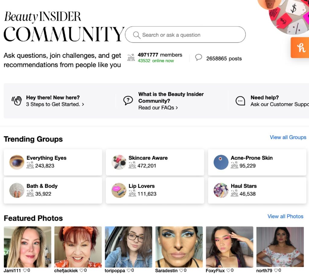 Sephora's online Beauty Insider Community showing trending groups and featured photos by fans