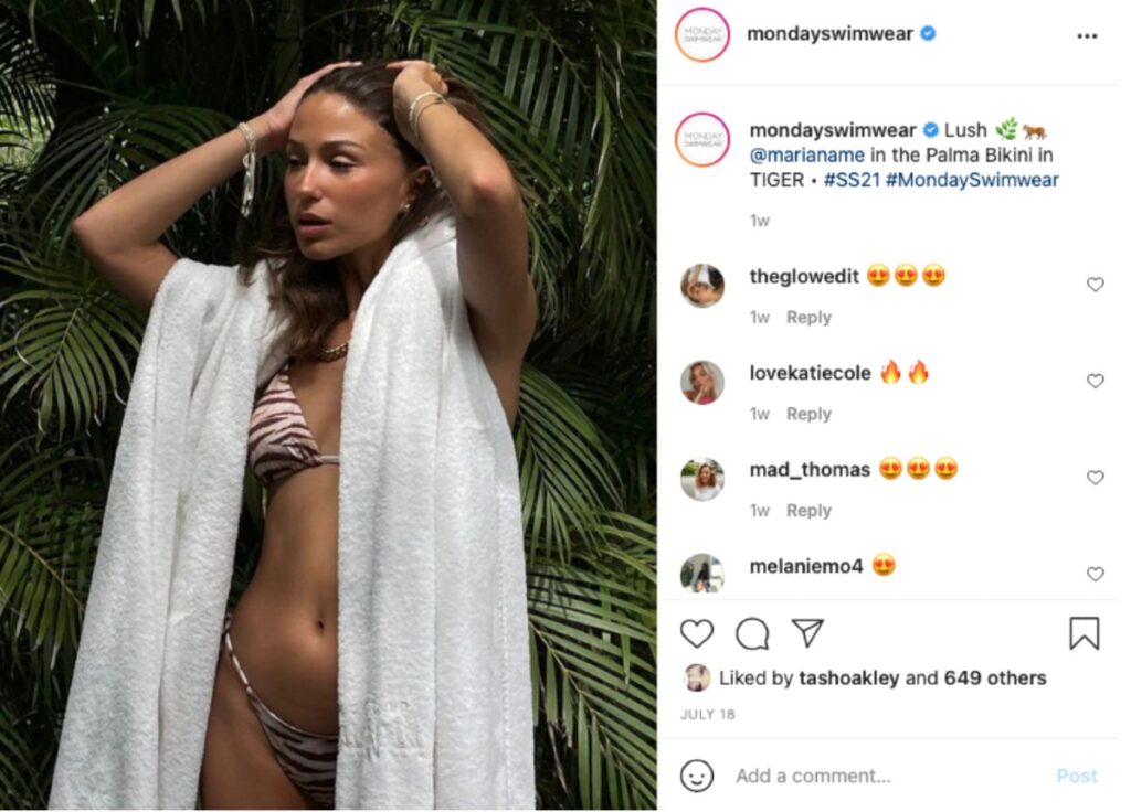MondaySwimwear re-sharing UGC on Instagram. The image features a woman/customer wearing their swimwear.