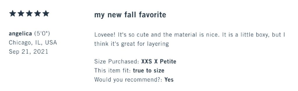 A text testimonial from a customer on Abercrombie's product page