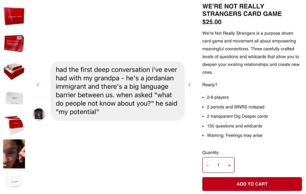WNRS product page showing a blend of brand images and UGC alongside the product description and "add to cart" button