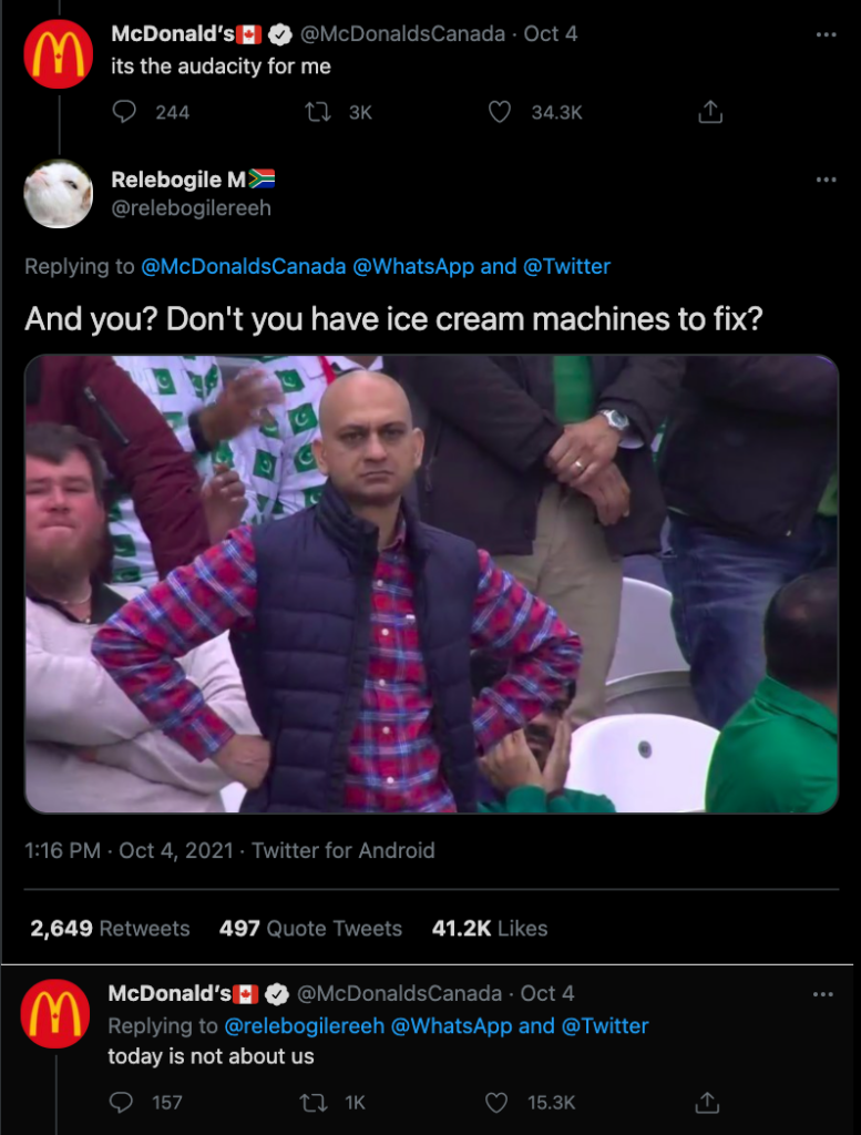 McDonald's responding to WhatApp with "it's the audacity for me" and a user shared asked "and you? Don't you have ice cream machines to fix?"