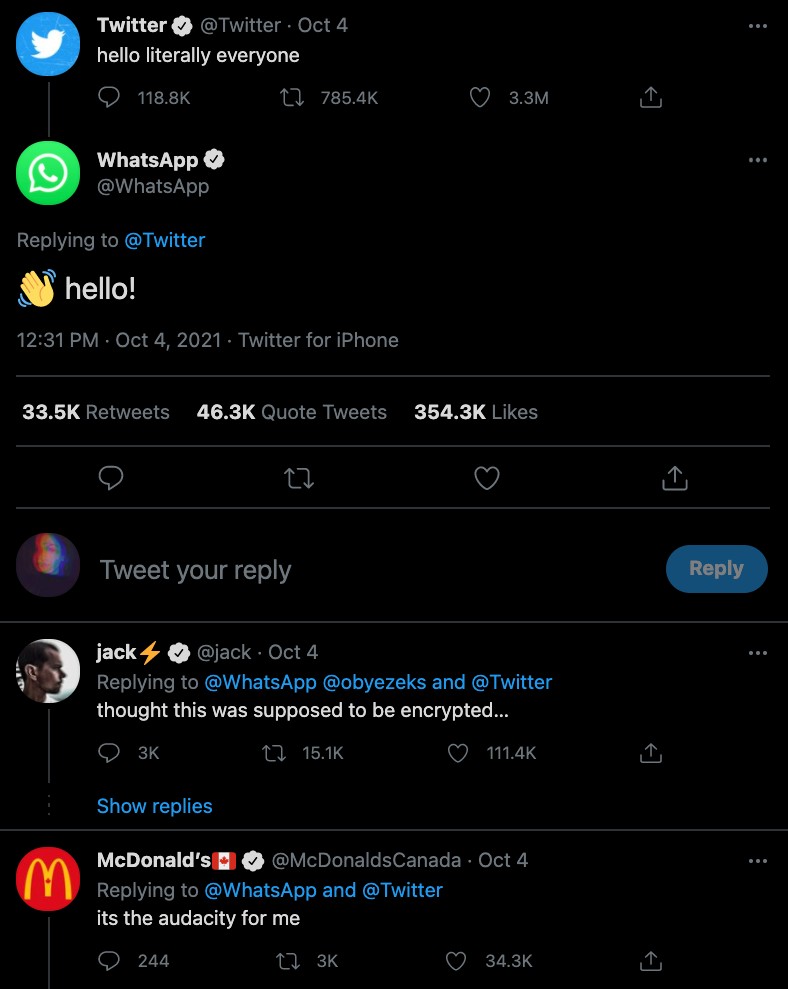 Twitter tweeted "hello literally everyone" and WhatsApp and McDonald's responded