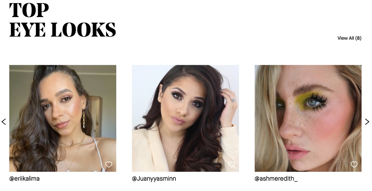 Il Makiage resharing user-generated content of three women's make-up under the brand's "top eye looks" section on their website