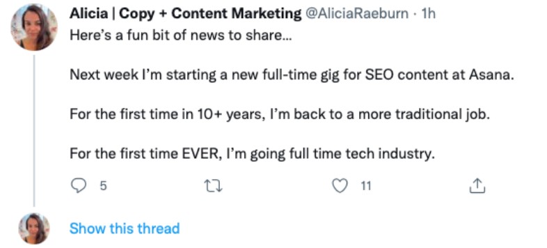 A tweet sharing a new job announcement 