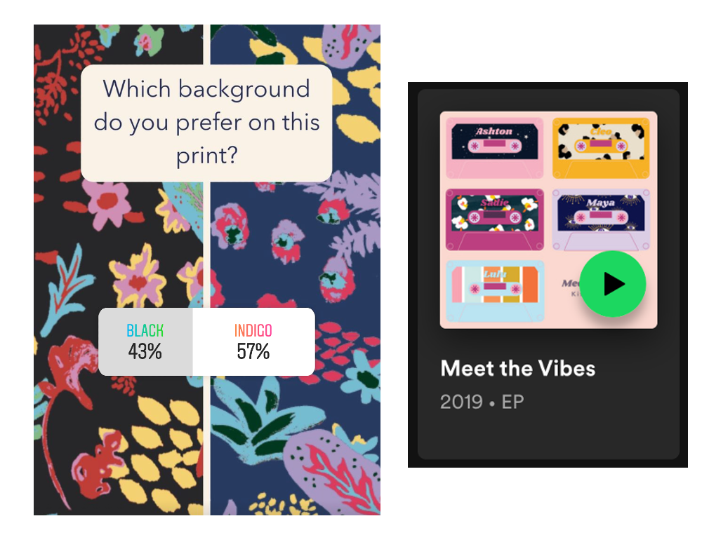 Kitty and Vibe poll asking what pattern people prefer and a screenshot of their Spotify playlist.