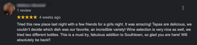 A Google review talking about how the food was delicious