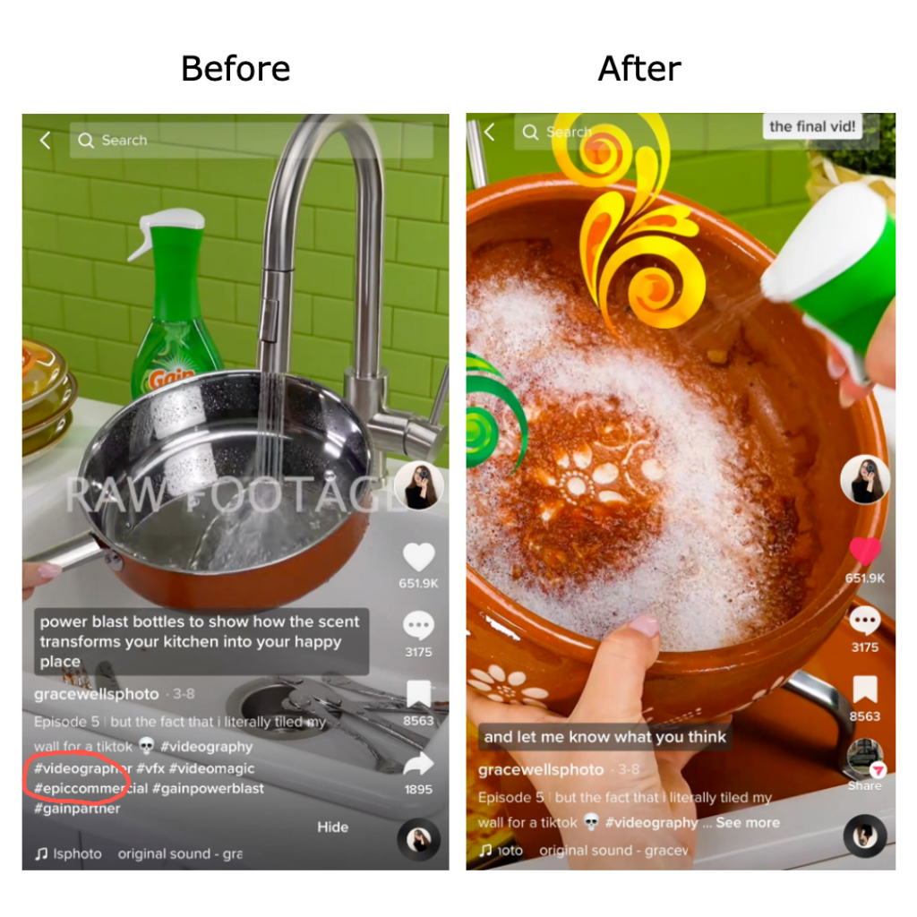 A Gain commercial created by Grace Wells, showing the raw footage vs. final video