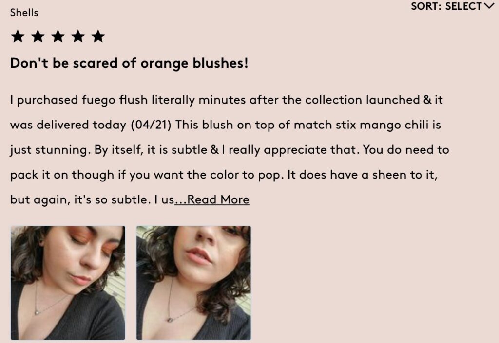A customer review on Fenty Beauty's product page showing photos and text