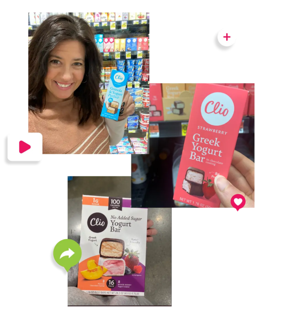 Three images showing User-generated content people are submitting about Clio's Greek Yogurt Bars