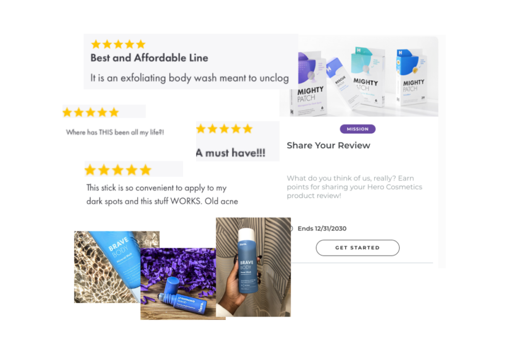 A collage of ratings, reviews, and UGC of Might Patch products (i.e. "A must have" "Best and affordable line")