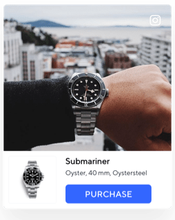 Shoppable UGC – a man's wrist showing off his watch – below the image is the product name and description with a button to purchase