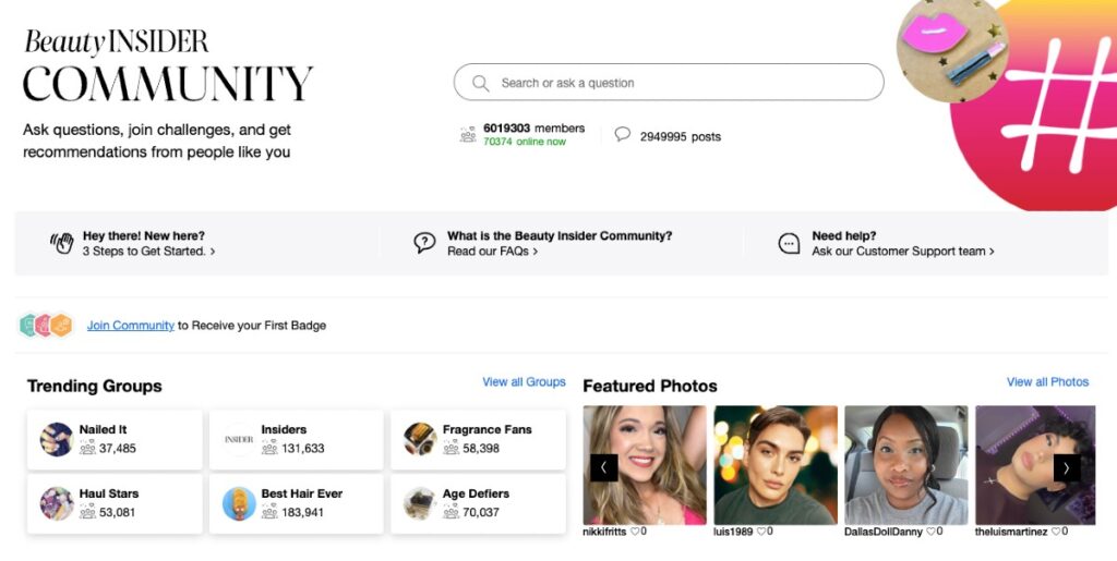 Sephora's Beauty Inside Community featuring trending groups and photos.  