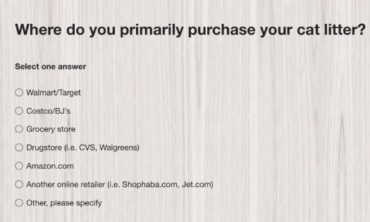 A survey question asking people where they purchase their cat litter – example of zero-party data