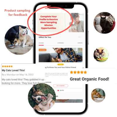 A pet food community asking customers to complete their profile to receive more sampling mission opportunities.