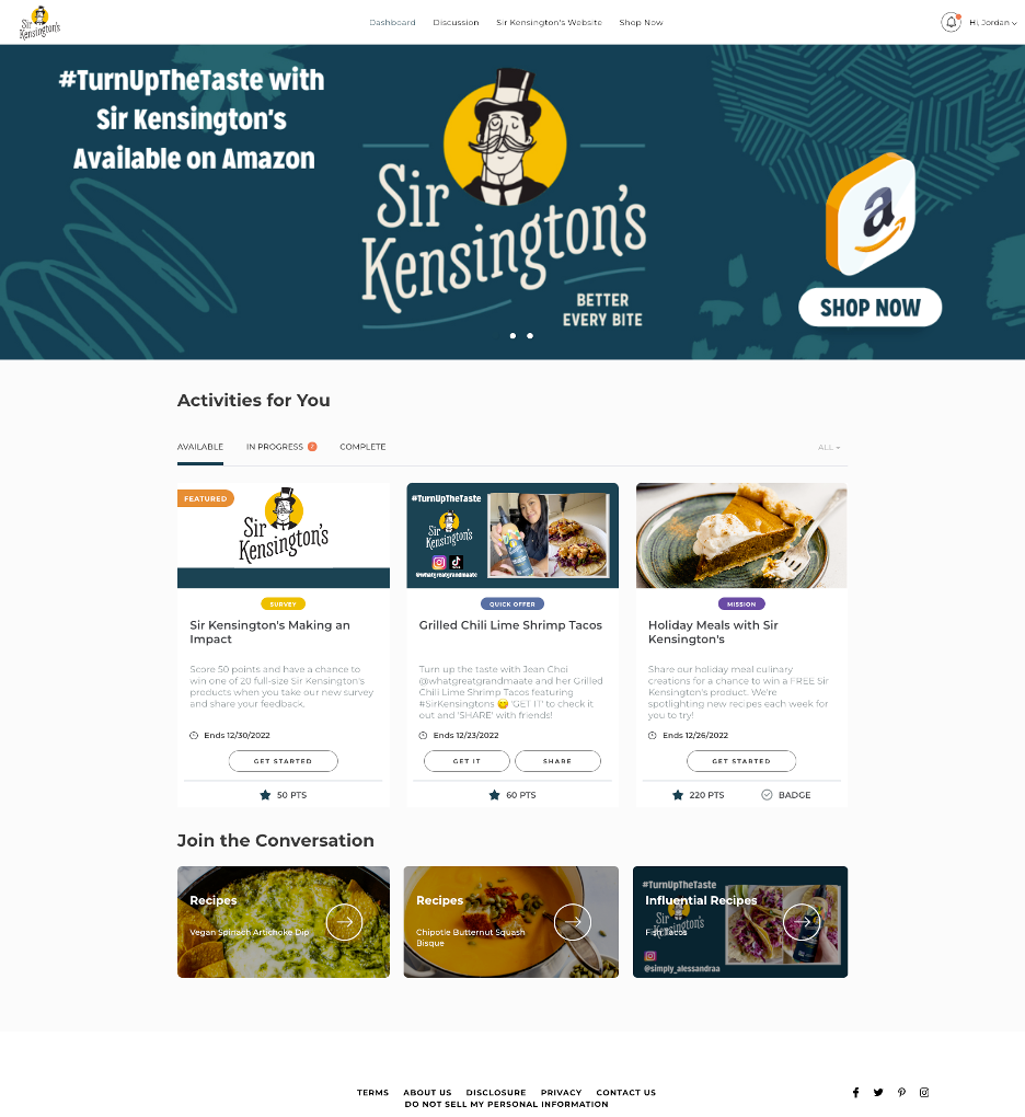 Sir Kensington's Community featuring activities users can participate in